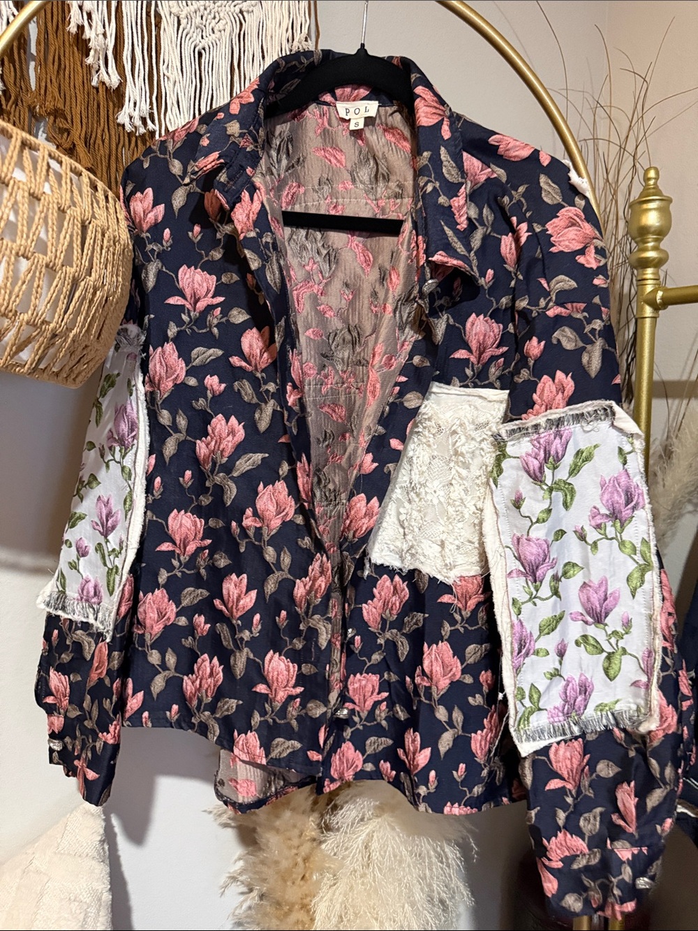 POL Navy Floral Patchwork Blazer with Pink Blossoms